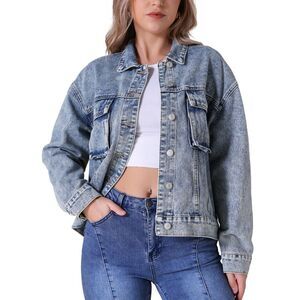 Oversized Denim Button Down Pockets Jean Jacket Gray Blue